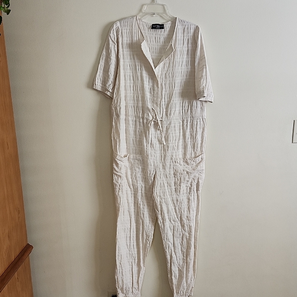 Kittenish Textured Cream Jumpsuit, Neutral, Linen, Jogger Style, Summer, Casual